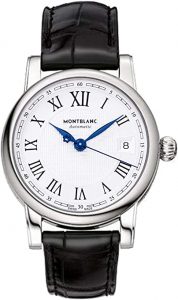 Montblanc Star FECHA automático plata Dial Negro Cuero Mens Reloj 107115